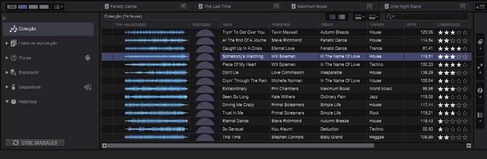 Adicionar ficheiros de música à [Colecção] [Colecção] é um ecrã para exibição de uma lista dos ficheiros de música geridos pelo rekordbox.