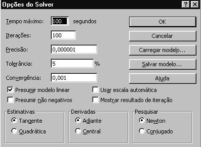 Tela de opções de processamento do Solver Opções de processamento Precisão: erro admissível de arredondamento em todos os modelos (linear, inteiro e não inteiro)