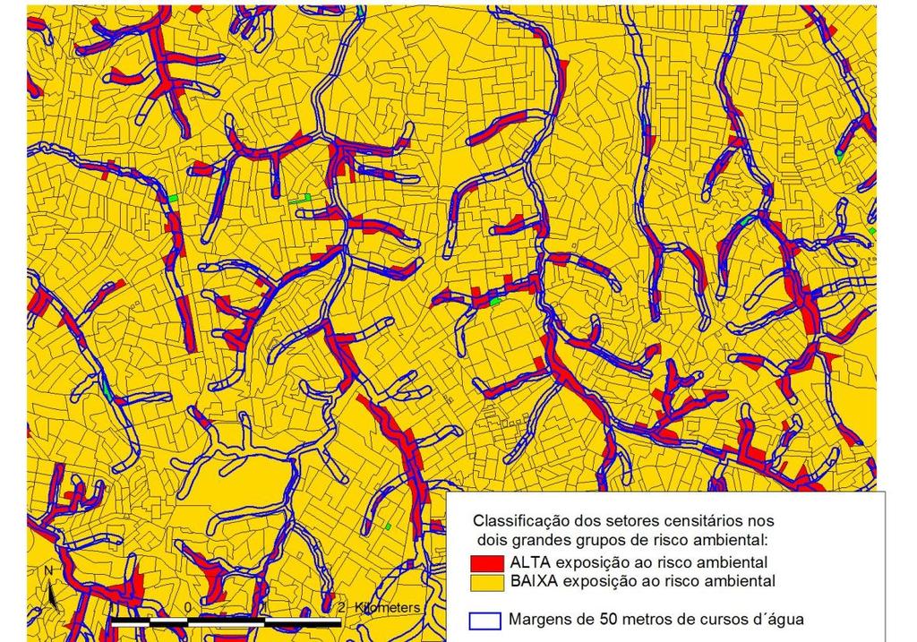 Sobreposição espacial da cartografia da rede hidrográfica (áreas de risco ambiental) à malha digital dos setores censitários do Censo 2010 dos 21 municípios da mancha urbana da RMSP (detalhe da Zona