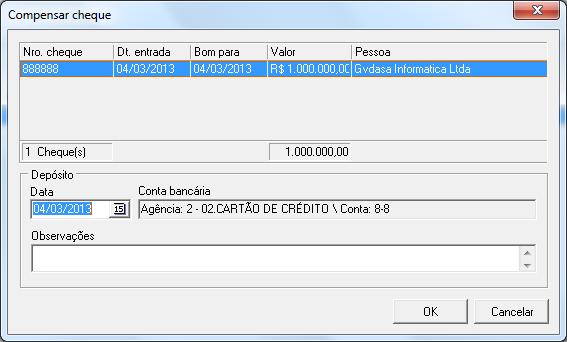 7.3 Depositar cheque Para realizar o depósito de cheque é necessário selecionar o cheque e em seguida escolher a opção correspondente no botão de Operações.