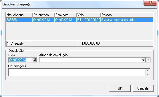 6 Colocar cheque em cobrança Para colocar um cheque em cobrança é necessário selecionar o cheque e em seguida escolher a opção