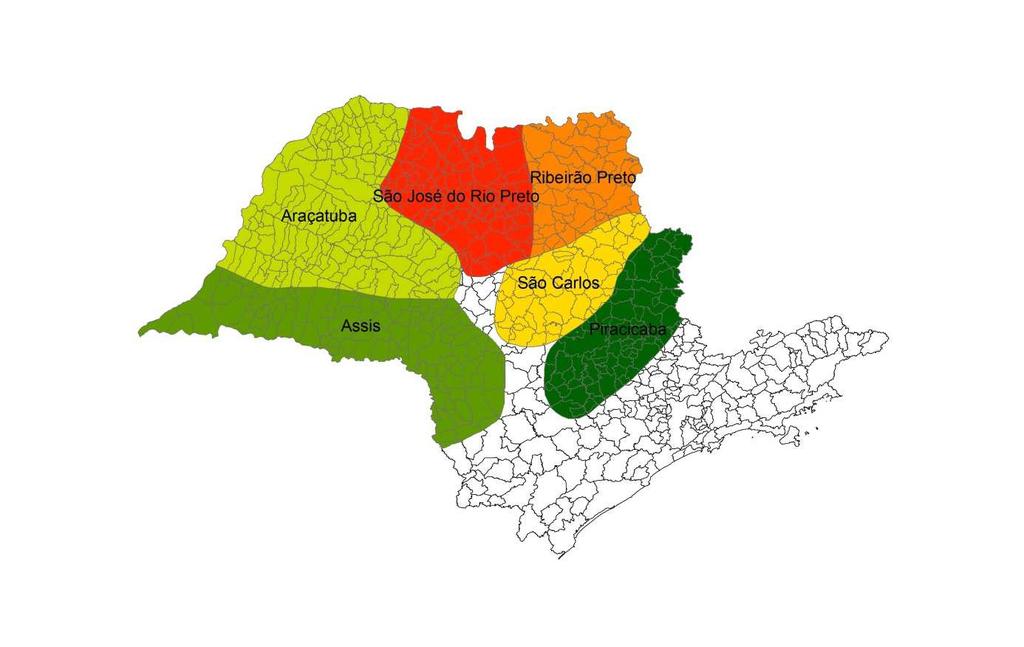 81 Carlos e São José do Rio Preto. Como visto anteriormente, o censo varietal fornece informações sobre as áreas com as variedades de cana-de-açúcar cultivadas nas respectivas regiões.