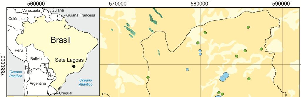 Figura 1 Localização, em coordenadas UTM, de Sete Lagoas/MG mostrando o limite municipal e área urbana, os poços de abastecimento (públicos e privados) e a geologia.