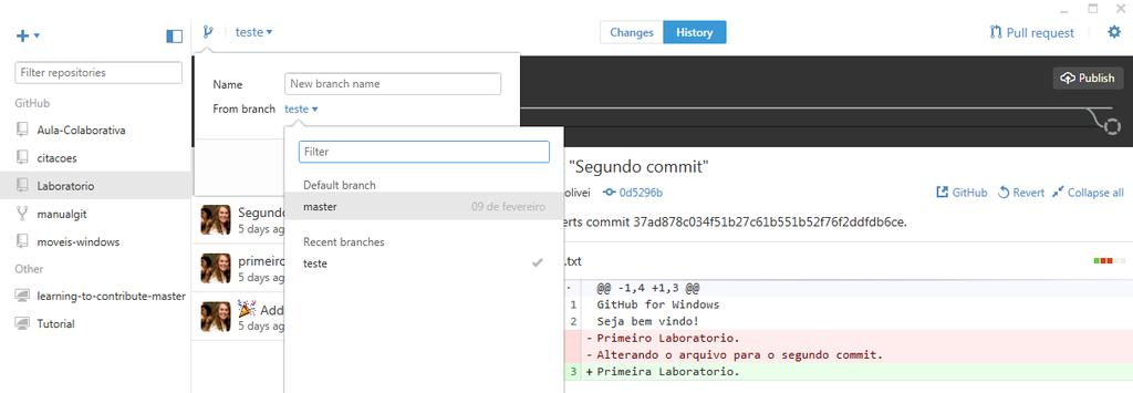 Figura 35 Branches existentes Vamos alterar novamente o arquivo lab1.