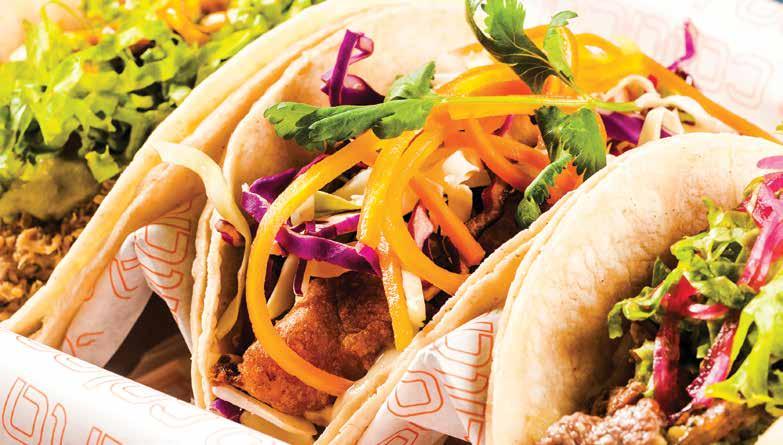 Tacos: Carne, frango, porco, camarão e vegetariano.
