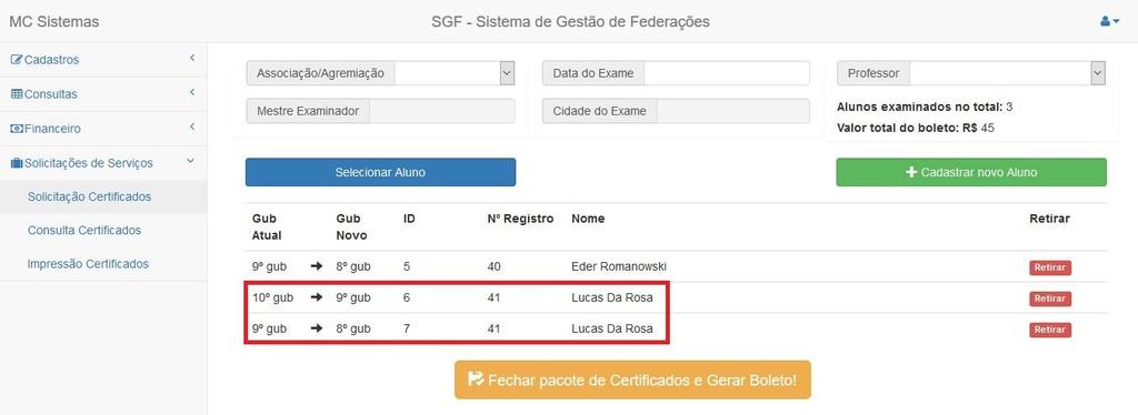 Observe na Figura 6, que após clicar no aluno desejado, ele já vai aparecer na lista mostrando o gub atual, e para qual gub ele vai receber o certificado automaticamente.