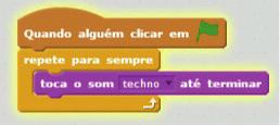 b) Procura o som techno e dá um duplo clique sobre ele. c) Clica no separador Guiões e na miniatura do palco, ao lado da Lista de Atores.