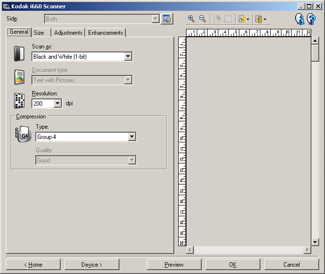 3. Selecione Configurações na janela principal do scanner Kodak. A guia Geral da janela Configurações de imagem será exibida. 4. Selecione as opções apropriadas na guia Geral.