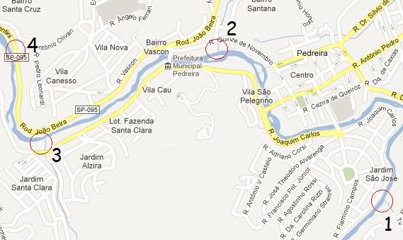 Figura 1. Locais de coleta de água no rio Jaguari e nos córregos afluentes, cidade de Pedreira/SP. 1 = córrego São João; 2 = córrego Caxambu (Triunfo); 3 = córrego Santa Clara; 4 = córrego Santa Cruz.
