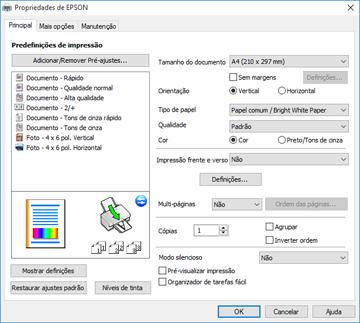 Você verá a janela de definições da impressora: 3. Selecione as configurações de impressão que deseja usar como padrão em todos os programas do Windows. 4. Clique em OK.