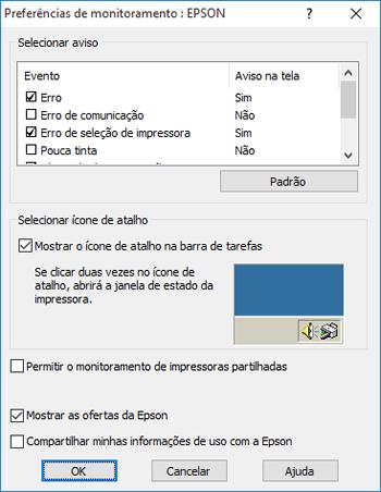 Você verá esta janela: 2. Para desativar as ofertas promocionais, desmarque a caixa Mostrar as ofertas da Epson.