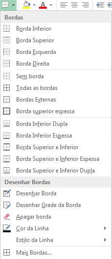 Figura 24: Configuração de bordas. Lista essa, onde poderá ser escolhido onde a borda será fixada, apagar borda, escolher a cor e estilo da linha.