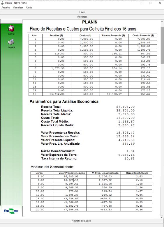 Rentabilidade econômica de cedro-australiano em plantios puros e consorciados com café 37 Figura 8. Tela de resultados do software Planin.