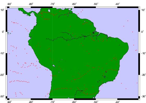 Figura 4 Localização das 254 RO obtidas durante a campanha RACCI (pontos em vermelho). Fonte: http://genesis.jpl.nasa.gov/zope/genesis/ Atmosphere/AGAPE.