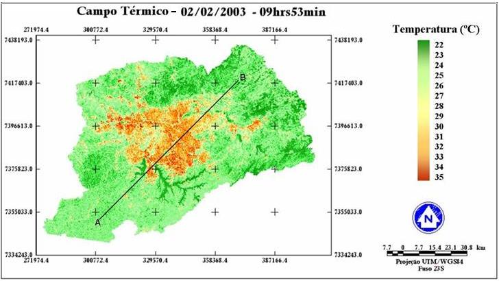 Figura 2 Mapa do campo térmico para a região metropolitana de São Paulo Na Figura 2, as áreas densamente urbanizadas apresentam temperaturas muito superiores à temperatura em sua volta, composta