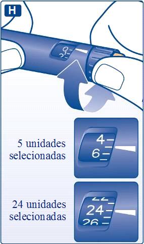 Injeção Utilize sempre o seletor de dose e o indicador de dose para ver quantas unidades selecionou antes de injetar a insulina. Não conte os cliques da caneta.