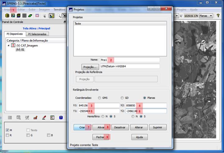 Clique em Arquivo>Projeto para criar um novo projeto com as coordenadas anotadas; Digite um nome para o projeto (2) e as coordenadas (3, 4, 5 e 6); Clique em Criar, Ativar