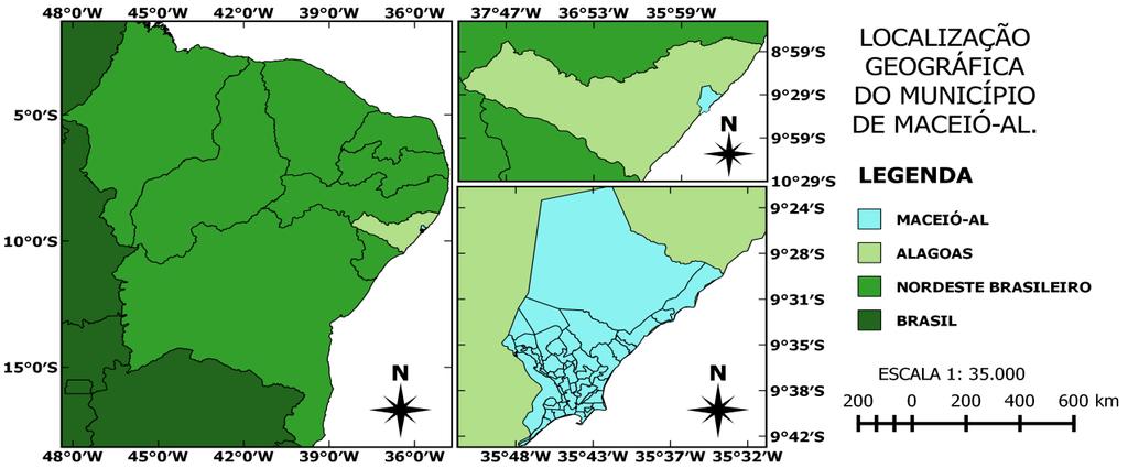 Figura 1. Localização geográfica da cidade de Maceió, capital de Alagoas. Clima A cidade de Maceió apresenta clima quente e úmido. Caracterizado segundo a classificação climática de Köppen.