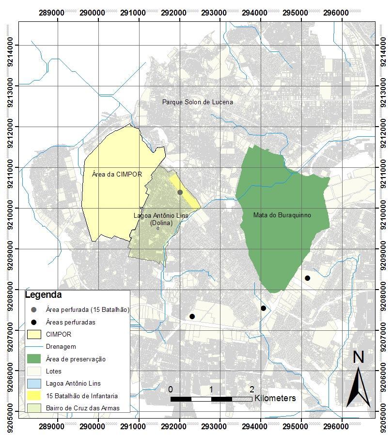 Figura 5. Distribuição das localidades perfuradas. Organização: Saulo Vital. A Formação Gramame alcança 20 km de extensão no sentido leste-oeste da Bacia Sedimentar Pernambuco-Paraíba.