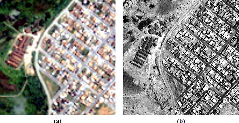 exemplo A) original Multiespectral B) pancromática