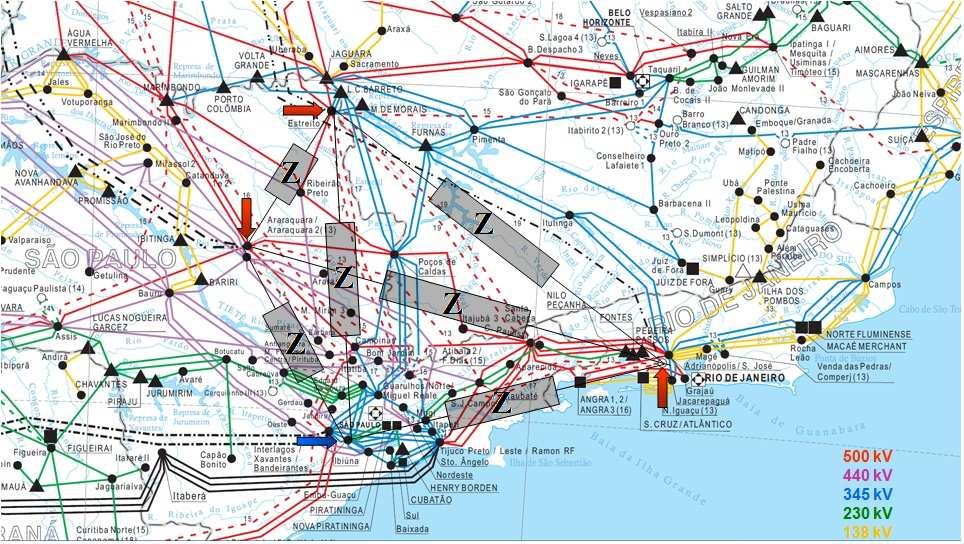 Figura 26 Situação de DC Multi-Infeed no Brasil Inversoras próximas eletricamente Utilizando a base de dados para estudos de curto-circuito, disponível em [35] e uma rotina em MATLAB (similar àquela