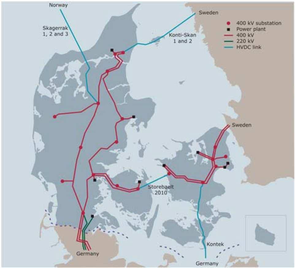 Figura 31 Situação de DC Multi-Infeed na Dinamarca [15] O sistema dinamarquês de energia é caracterizado pela alta penetração de geração distribuída, tendo como principais fontes a energia eólica e