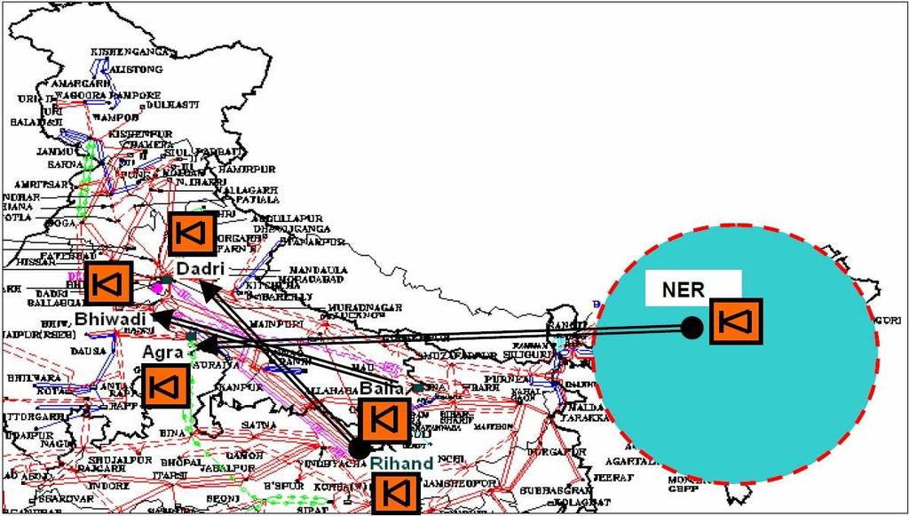 Figura 32 Situação de DC Multi-Infeed na Índia [16] Estação Inversora SCC (MVA) Tabela 27 Matriz MIIF para os elos CC na Índia Pdc (MW) Qfiltros (Mvar) MIIF Agra Bhiwadi Dadri ESCR MIESCR Agra 21839