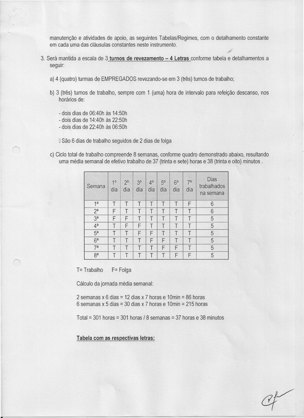 manutenção e atividades de apoio, as seguintes Tabelas/Regimes, com o detalhamento constante em cada uma das cláusulas constantes neste instrumento. 3.