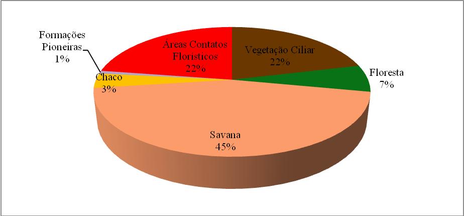As formações florísticas localizadas na BHRM são distribuídas quantitativamente de acordo com a Figura 5, destacando-se 45% da cobertura vegetal para a formação da Savana (Cerrado), 22% para os