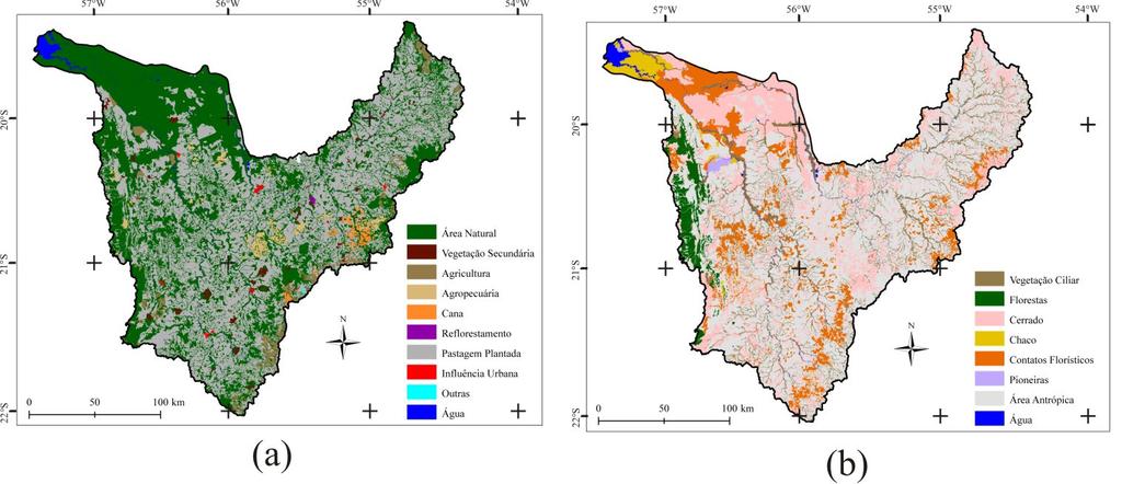 Embrapa Informática Agropecuária/INPE, p. 351-353 Figura 6. Mapa dos principais tipos de uso da terra (a) e cobertura vegetal (b) da bacia hidrográfica do rio Miranda para o ano de 2007.