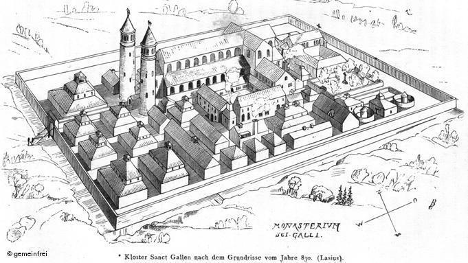 A planta do mosteiro de St. Gallen ( St. Gall ) é um conjunto complexo, autônomo, que forma um retângulo de cerca de 152 por 213 metros.