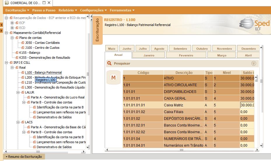 Registro L100 - Balanço