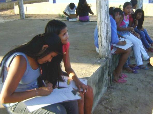 Estudantes da Escola Estadual Indígena Manoel Horácio organizando as tabelas após a medição de altura das plantas. (comunidade Guariba, TI Araçá).