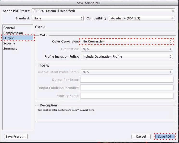 . De seguida selecione Output e do lado direito em Color Conversion selecione a opção No Conversion.