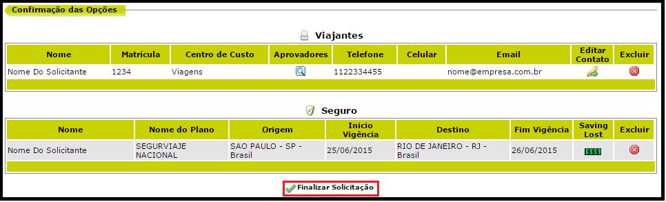 Imagem 41- Confirmação das opções de seguro online. Após a finalização o sistema mostrará um resumo da SV (solicitação de viagem) com o número da solicitação e o status.