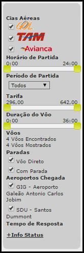 2 Horário de partida permite filtrar os horários que o solicitante deseja visualizar. 3 Tarifa - permite filtrar as variáveis de tarifas que o solicitante deseja visualizar.