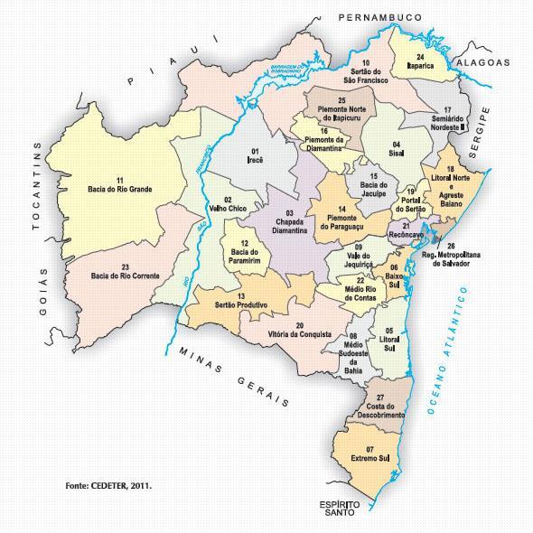 628 do Jiquiriçá, Sertão do São Francisco, Bacia do Rio Grande, Bacia do Paramirim, Sertão Produtivo, Piemonte do Paraguaçu, Bacia do Jacuípe, Piemonte da Diamantina, Semiárido Nordeste II, Litoral