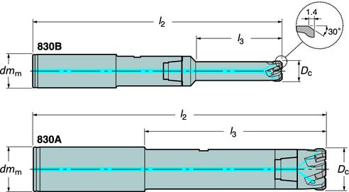 Alargador 830 para acabamento de furos passantes Alargador 830 MANDRILAMNTO Para furos com diâmetros de 10,00, - 31,75 mm (0,3937, - 1,250 pol.) Máx. prof.