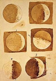 Olhando para a Lua, Galileu verificou que ela não era uma esfera perfeita como pretendiam os aristotélicos.