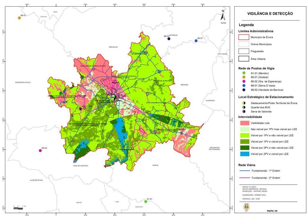 O mapa da Figura 21 foi produzido com base na conjugação das bacias de visibilidade associadas a cada posto de vigia e LEE (Locais Estratégicos de Estacionamento) e tem como objetivo avaliar a