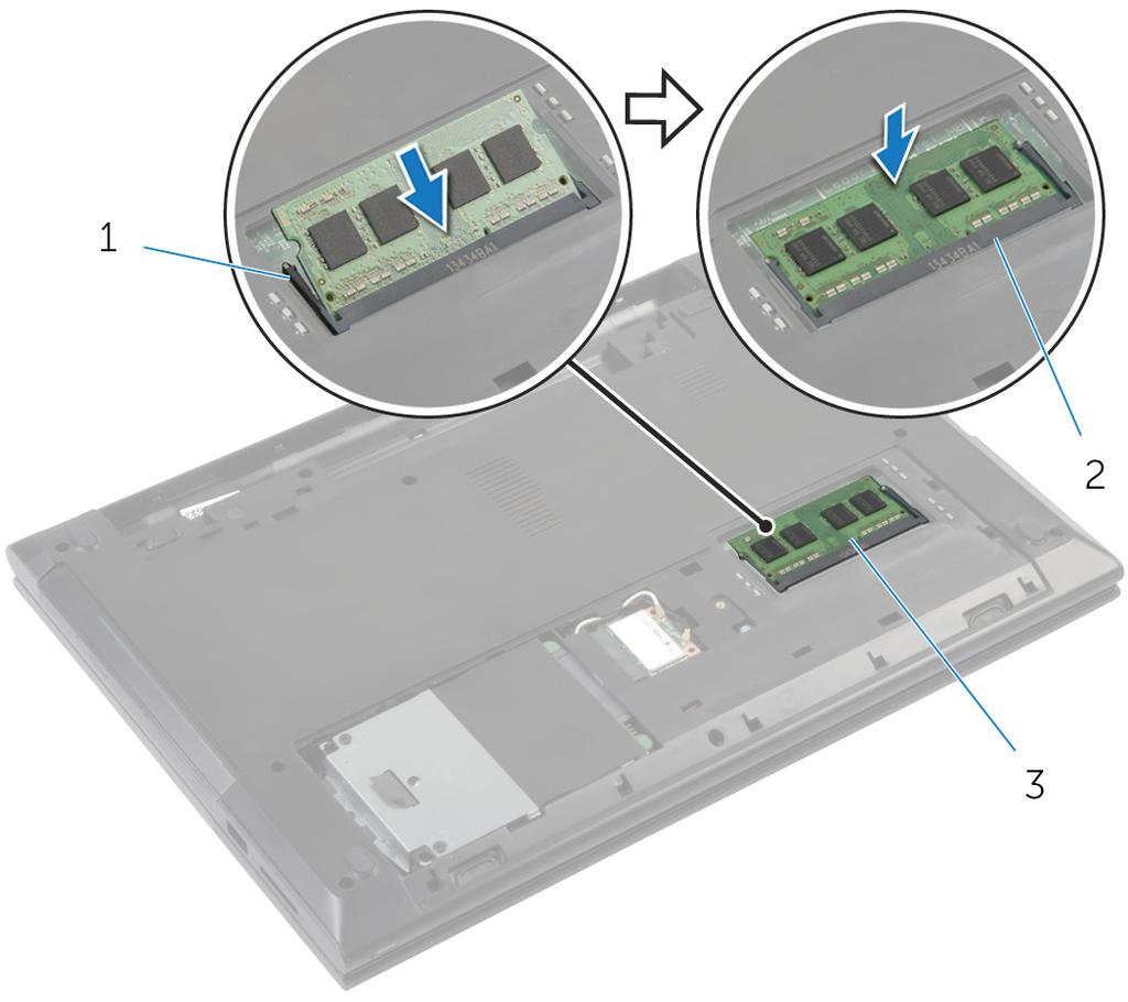 2 Deslize em ângulo o módulo de memória com firmeza no conector e pressione-o até ouvir um clique de encaixe.