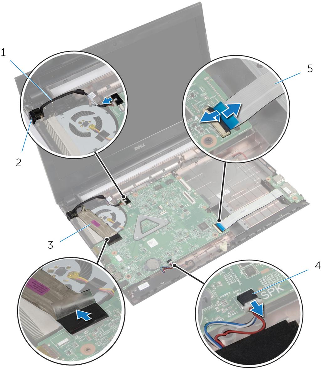 2 Levante a trava e, usando a aba de puxar, desconecte o cabo do monitor do conector na placa de sistema. 3 Descole o cabo do monitor do ventilador.