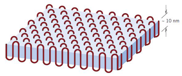 Cristais Poliméricos As cadeias moleculares dentro de cada plaqueta se dobram para a frente a para trás sobre elas próprias, com as dobras