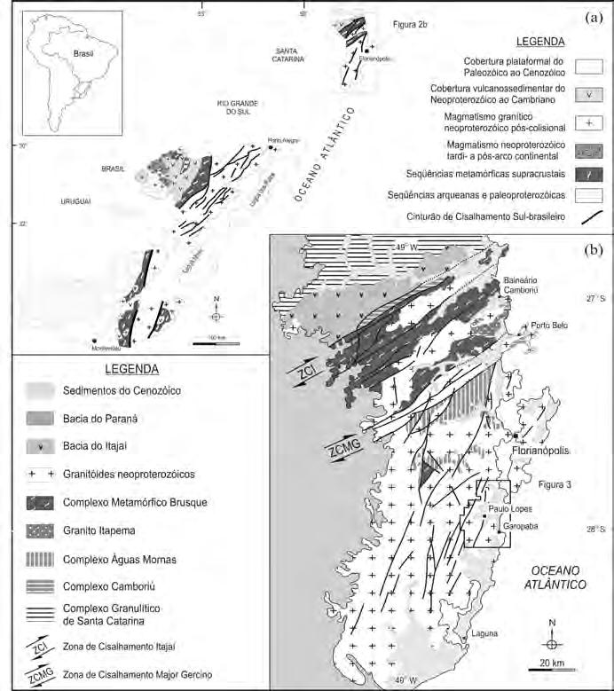 CONTEXTO GEOLÓGICO REGIONAL O Cinturão Dom Feliciano é dominado por associações de rochas graníticas dispostas em uma faixa de direção NE que se estende de Santa Catarina ao Uruguai (Fig 2a),