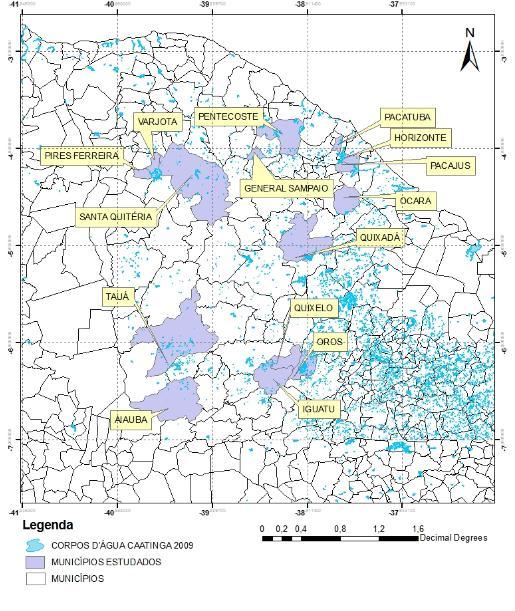 Figura 1 Mapa com os municípios cearenses estudados e seus respectivos corpos d água.