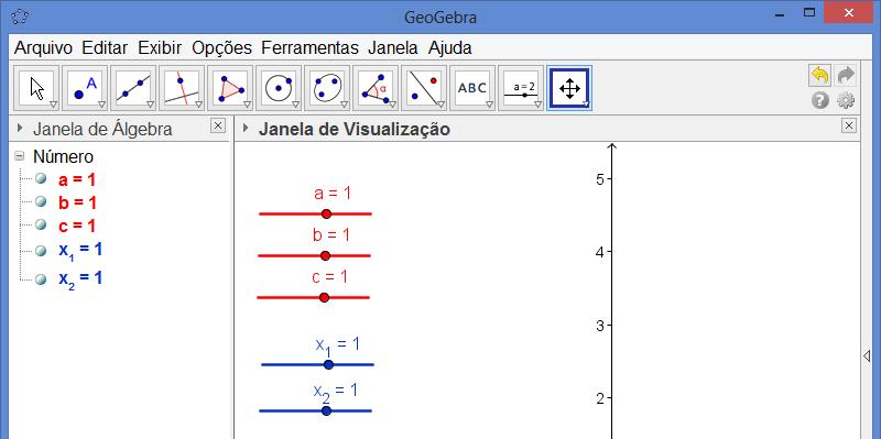 24 Construa cinco controles deslizantes na Janela de Visualização. Na Entrada digite o comando f(x)=função[a*x^2+b*x+c,x_1,x_2].