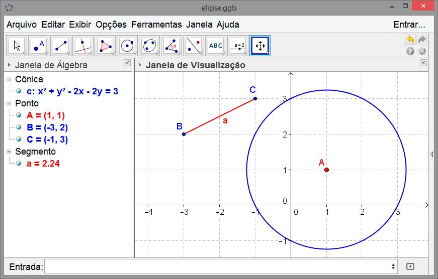 A primeira delas é a seguinte: Círculo[<Ponto>, <Medida do Raio>] Nessa sintaxe devemos digitar, como parâmetros, o centro e o comprimento do raio (não é necessário que o ponto esteja previamente