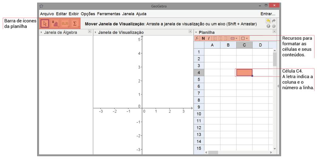 Essa ação faz carregar a Planilha no lado direito do GeoGebra conforme a figura abaixo.