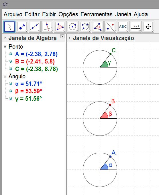 61 Construa os segmentos para determinar os lados dos ângulos = P 1O 1A, = P 2O 2A e = P 3O 3A e, utilizando a ferramenta Ângulo, marque esses ângulos.