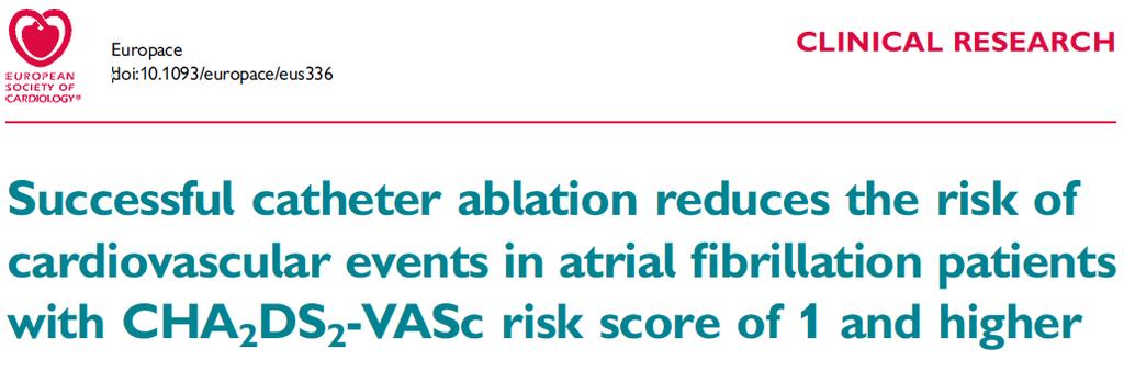 Caso-controlo de doentes CHA 2 DS 2 -VASc 1 com emparelhamento propensity score Ablação: 174dts; AAD: 174dts Follow-Up: 47±23 meses 1262 dts consecutivos FA sintomática (Taipei
